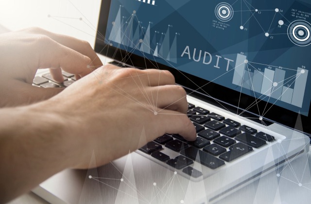 Insurance Premium Audit, someone typing on computer with audit on screen