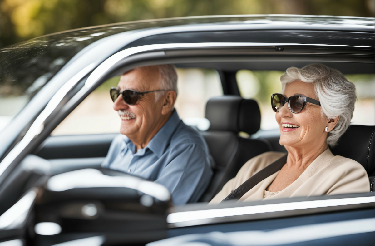 Older couple driving car